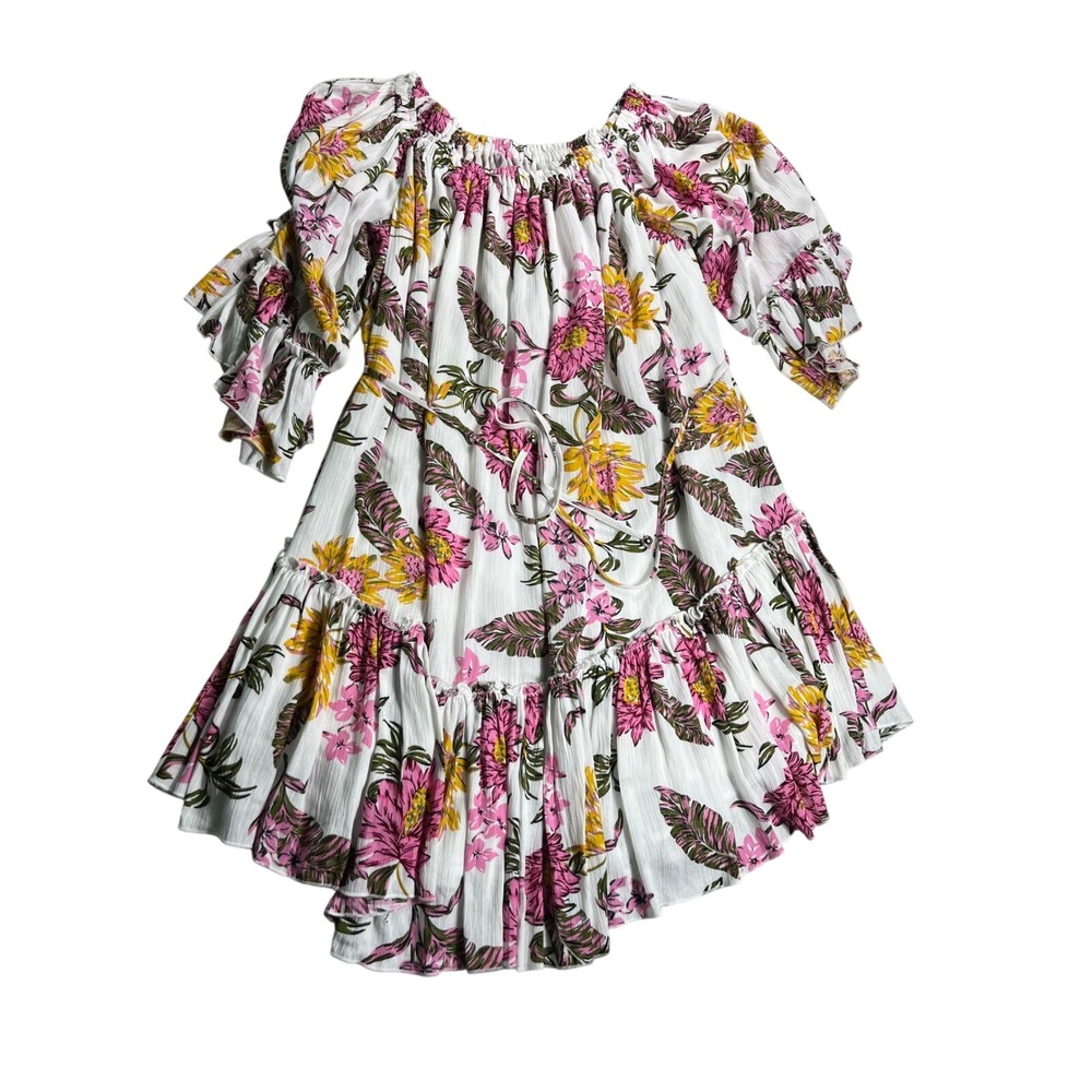 Bluivy Womens L White Pink Tropical Floral Mini Dress Ruffle Bell Sleeve Boho